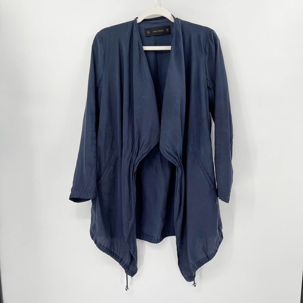 Zara Flowy Drawstring‎ Jacket Navy Blue Size S Long Sleeve Open Waterfall Front
